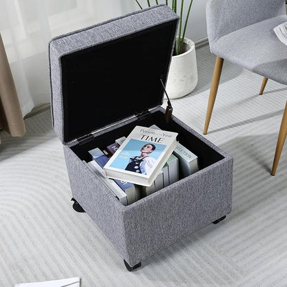 Adeco 17.5 Inch Square Storage Ottoman with Wheels, Modern Linen Upholstered Footrest Stool & Coffee Table with Flip Top Lid, Rolling Footstool for Living Room & Bedroom, Grey