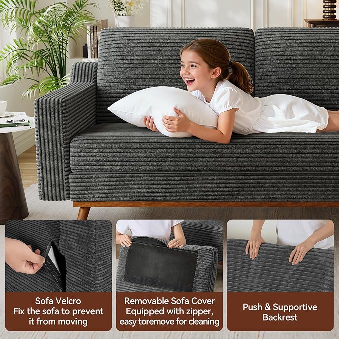 Vipbear 65.4" Loveseat Sofa,Mid-Century Modern Small Couches for Living Room, Bedroom, Office,Comfy Grey Corduroy Couch with Spring Cushion, Solid Wood Frame, Tool-Free Assembly