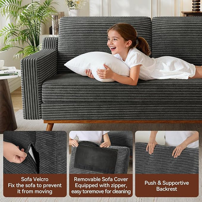 Vipbear 65.4" Loveseat Sofa,Mid-Century Modern Small Couches for Living Room, Bedroom, Office,Comfy Grey Corduroy Couch with Spring Cushion, Solid Wood Frame, Tool-Free Assembly