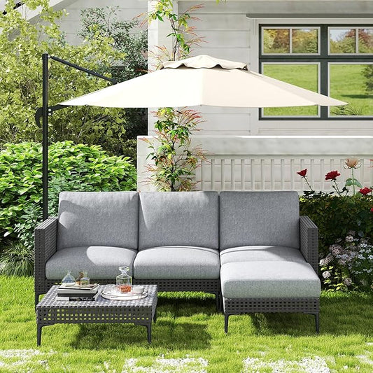 Jocoevol 5 Pieces Outdoor Patio Conversation Set – Rattan L-Shaped Corner Sofa Comfortable Thickening Cushions for Garden, Balcony,Weatherproof Waterproof UV Resistance