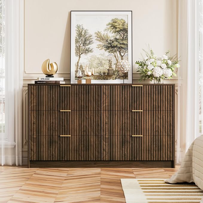 Furniway 3 Piece Bedroom Set, 6 Drawer Dresser and 3-Drawer Nightstand Set of 2 with Gold Handles, Mid-Century Modern Wood Chest of Drawers Storage Cabinet for Bedroom, Walnut