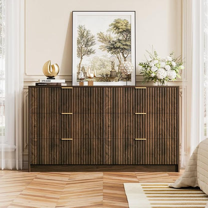 Furniway 3 Piece Bedroom Set, 6 Drawer Dresser and 3-Drawer Nightstand Set of 2 with Gold Handles, Mid-Century Modern Wood Chest of Drawers Storage Cabinet for Bedroom, Walnut