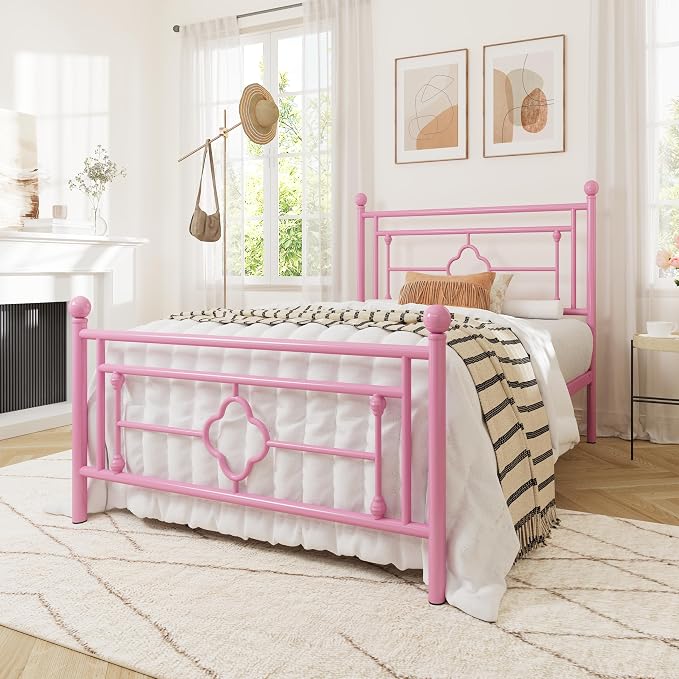 Allewie Twin Size Metal Platform Bed Frame with Victorian Vintage Headboard and Footboard/Mattress Foundation/Under Bed Storage/No Box Spring Needed/Noise-Free/Easy Assembly, Pink