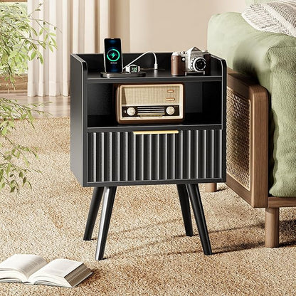 Huuger Nightstand with Charging Station, USB-C Port, Fluted Night Stand Set of 2, Bed Side Table with Drawer, Solid Wood Feet, Open Storage, End Table with Raised Edge, for Bedroom, Black