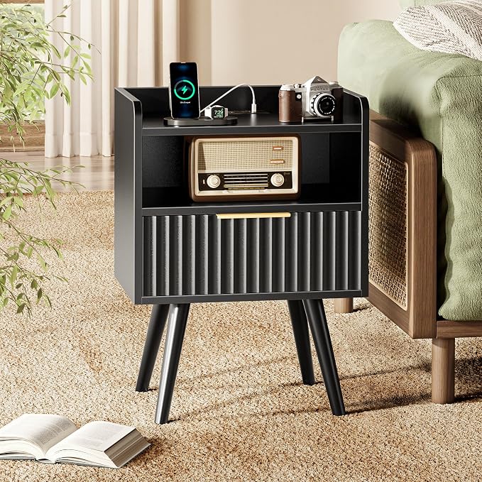 Huuger Nightstand with Charging Station, USB-C Port, Fluted Night Stand with Drawer, Bed Side Table with Solid Wood Feet, Open Storage, End Table with Raised Edge, for Bedroom, Black