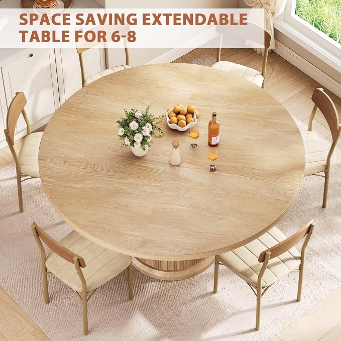 Jocoevol 47″–63″ Extendable Round Kitchen Dining Room Table for 4-6 with 2-Tier Storage Shelf Dust-Proof, Space Saving Expandable Wood Oval Circle Dinner Furniture with Pedestal Base (Natural Oka)