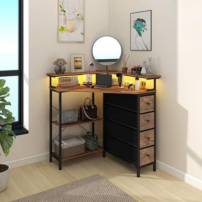 VENNQD Corner Desk with Drawers Shelves for Small Space 90 Degrees Triangle Computer Desk with Power Outlets,Gaming Desk with LED Lights Monitor Stand for Home Office Workstation Writing Table (Brown)