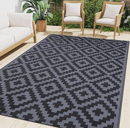 Smiry Waterproof Outdoor Rug 6x9 ft, Reversible Plastic Straw Patio Camping Rugs, Outdoor Indoor RV Mat Carpet for Patio, Outside Entry, Backyard, Deck, Bench, Picnic, Camper, Black & Grey