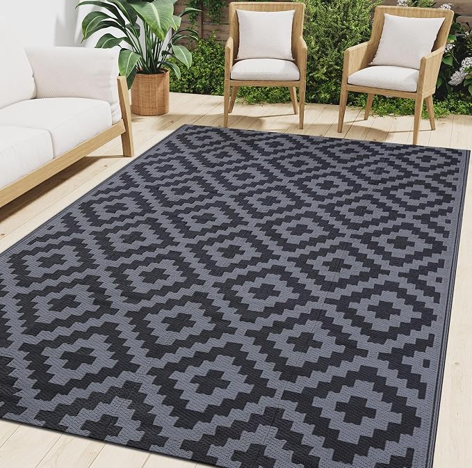 Smiry Waterproof Outdoor Rug 8x10 ft, Reversible Plastic Straw Patio Camping Rugs, Outdoor Indoor RV Mat Carpet for Patio, Outside Entry, Backyard, Deck, Bench, Picnic, Camper, Black & Grey