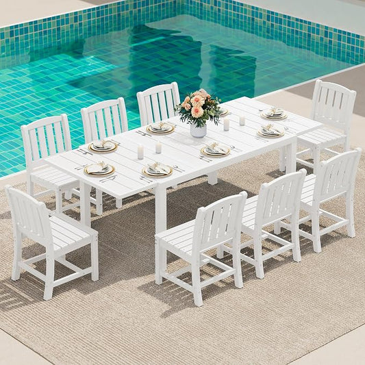 SERWALL Outdoor Patio Dining Set for 8, White | 60" - 83" Expandable Outdoor Dining Table and 8 HDPE Chairs, All Weather Material Outdoor Furniture Set Backyard, Garden