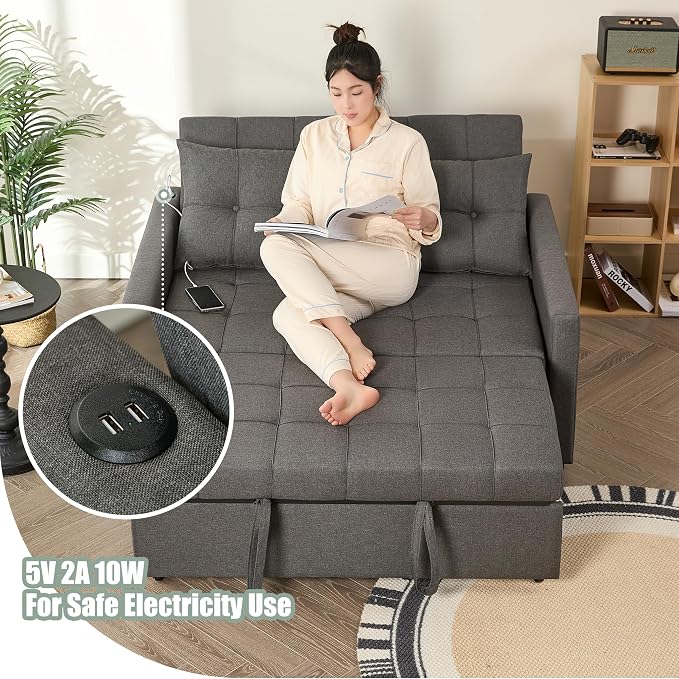 GOSUHI 52" Sleeper Sofa with Pull-Out Bed, 3-in-1 Convertible Sofa Bed, Set of Loveseat with Stepless Adjustable Backrest and Side Pocket, for Living Room Dorm Apartment, Linen, Dark Gray