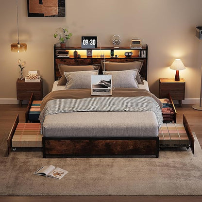 VINGLI Full Platform with 4 Storage Drawers and Headboard, Metal Double Bed with Charging Station and LED Lights, No Box Spring Needed, Noise Free, Easy Assembly, Vintage Brown