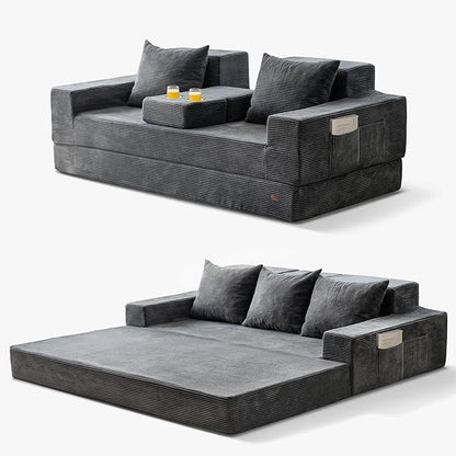 MAXYOYO Convertible Sofa Bed, 80" Oversized Boneless Loveseat Couch 4 in 1 Foldable Floor Sofa Couch in A Box with 2 Cup Holders, Folding Chair for Living Room, Grey