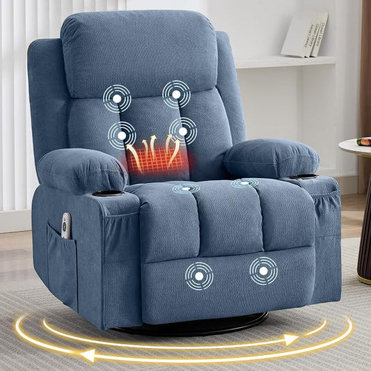 MAHOMICO Swivel Rocker Recliner Chair with Vibration Massage and Heat for Living Room,with Rocking Function and Side Pocket, USB Charge Port,2 Cup Holders