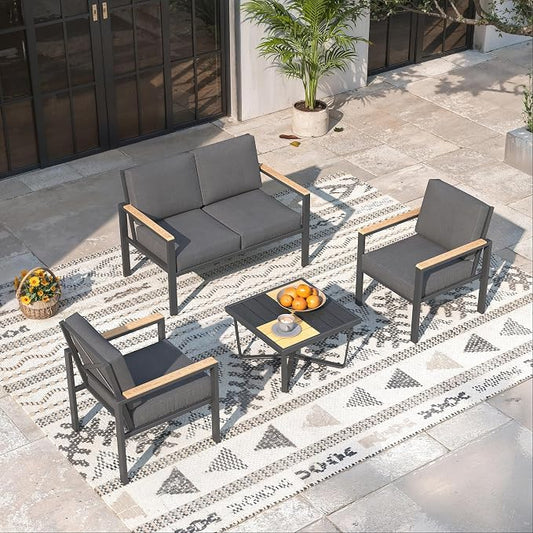 4-Piece Patio Furniture Set with Coffee Table & Removable Washable Cushions, All-Weather Metal Frame and Wood-Like Armrests for Porch, Garden, Balcony,Black