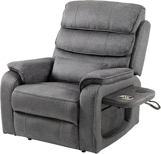 JIKFRIMA Power Lift Recliners Chairs for Elderly Adults Lay Flat Recliner with Heat & Massage, Wireless Charging Device, USB Ports, Cup Holder, Lumbar Pillow, 400Lbs（Grainy Fibric,Grey）