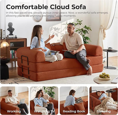 79" 5-in-1 Convertible Sofa Bed No Assembly, Boneless Couch Bed with High Density Foam, Foldable Sleeper Sofa, Corduroy Modular Couch for Apartment, Studio, Dorm Room, Small Space, Orange