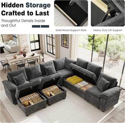 Ihanherry 108" Modular Sectional Sofa with Pull Out Bed, 9-Seater U Shaped Sectional Sleeper Couch with Storage, Chenille Convertible Couches for Living Room, Apartment (Grey)