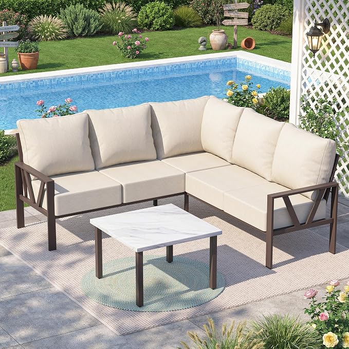 Outdoor Furniture Set, 6 Pieces Outdoor Patio Couch Sectional, L Shaped Metal Outdoor Patio Corner Sofa with 6” Thick Cushions, Outdoor Seating Conversation Set, Upgrade Beige