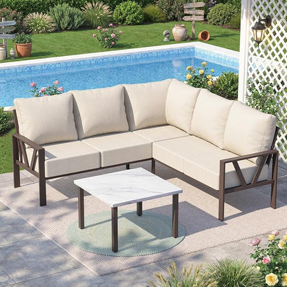 Outdoor Furniture Set, 6 Pieces Outdoor Patio Couch Sectional, L Shaped Metal Outdoor Patio Corner Sofa with 6” Thick Cushions, Outdoor Seating Conversation Set, Upgrade Beige