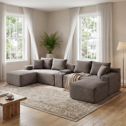 127" U-Shaped Cloud Sectional Couch Oversized Modular Compressed Boneless Sectional Sofa with Ottoman Chaise Lounges & Console, Plush Corduroy Boneless Symmetrical Sofa