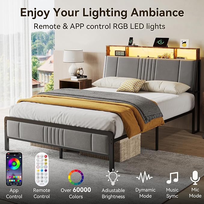 BedsPick Full Size Bed Frame with Ergonomic Headboard, Upholstered Metal Platform Bed Full with 2-Tier Storage, Charging Station, Smart LED Lights, Easy Assembly, No Box Spring Needed, Gray