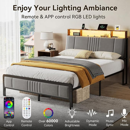 BedsPick Full Size Bed Frame with Ergonomic Headboard, Upholstered Metal Platform Bed Full with 2-Tier Storage, Charging Station, Smart LED Lights, Easy Assembly, No Box Spring Needed, Gray