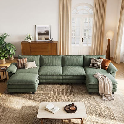 LINSY HOME 157'' Modular Sectional Sofa 4 Seat Couch Corduroy Cloud Couch with Deep Seat, Modern U-Shaped Cloud Couch with 2 Movable Ottoman for Living Room, Office, Bedroom, Green