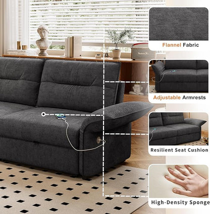 85" Pull Out Sofa Bed Full Size, Pre-Assembled Flannel Sleeper Sofa, Convertible Loveseat Futon Couch, Adjustable Armrest with USB, Pillows, for Apartment, Living Room, Small Spaces, Dark Grey