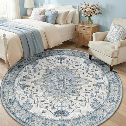 RELEANY Area Rugs Round 6ft Washable Non-Slip, Floral Vintage Distress Medallion Carpet for Living Room Bedroom Dining Room, Light Blue Navy Gray White
