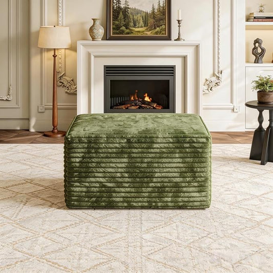 25.6 inch Plush Corduroy Ottoman, Modular Sectional Foot Rest for Living Room, Upholstered Cloud Ottoman for Boneless Couch in a Box, Compressed Memory Foam, No Assembly Require, Green