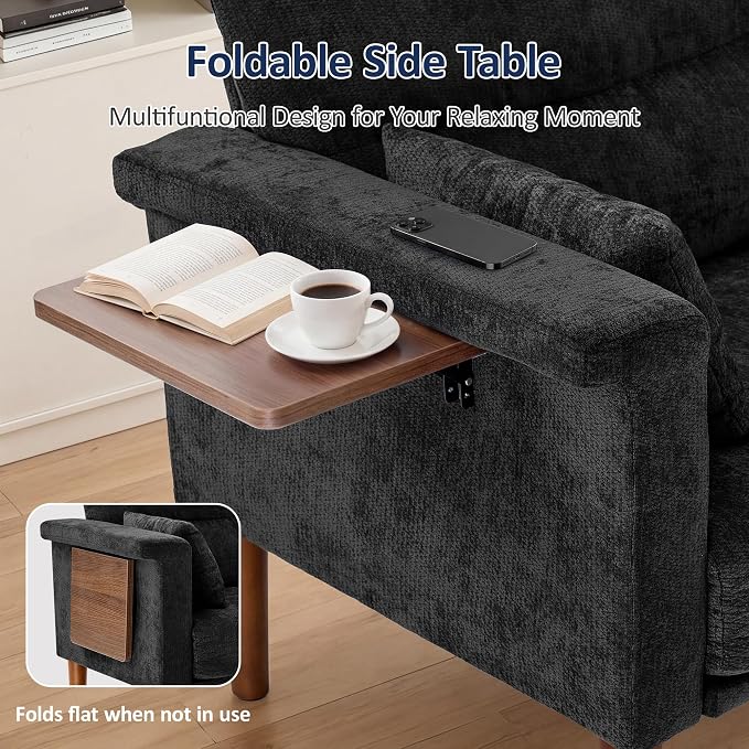 Vipbear 69" Loveseat Sofa,Modern Couches for Small Spaces,Black Chenille Love Seat Couch for Living Room,Bedroom,Apartment,Office,Deep Seat,Armrest Tabletop,Throw Pillow