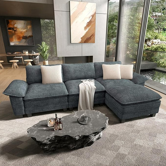 HERA'S HOUSE 124" Modular Sectional Sofa, Oversized L Shaped Couches for Living Room, Comfy Cloud Couch with Ottoman, 4-Seater Deep Seat Sofa with Throw Pillow, Chenille Blue