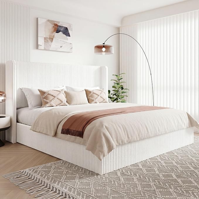 Allewie King Lift-Up Storage Bed Frame with Modern Wingback Headboard, Corduroy Upholstered Platform Bed, Hydraulic Gas Lift Support, Underbed Storage, Wooden Slats, No Box Spring Needed, White