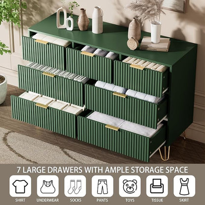 Furniway Dresser for Bedroom, Fluted Modern Dresser with Gold Pulls and 7 Drawers, 15.7" D x 47.2" W x 31.4" H, Green