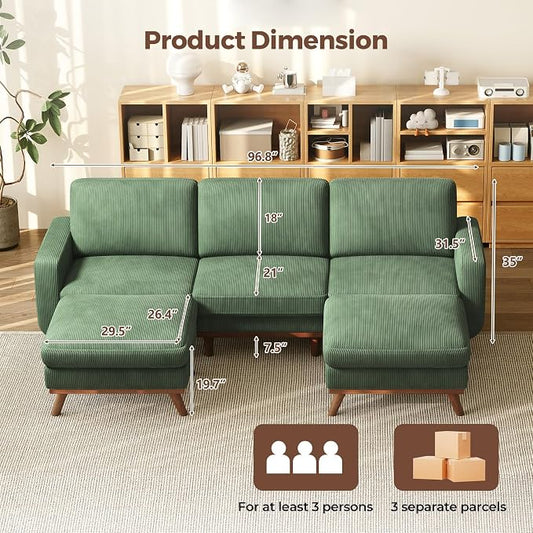 Vesgantti 97" Modular Sectional Sofa Green, U-Shaped Couch with Movable Ottoman, Comfy Corduroy Couch with Spring Cushion, Modular Sofa with Deep Seat for Living Room, Bedroom and Apartment