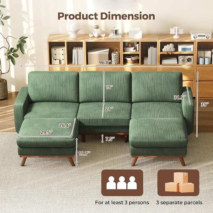 Convertible U-Shaped Corduroy Sectional Sofa, 3-Seater Couch with 2 Ottomans, FSC Solid Wood Frame, Spring Cushions, Green