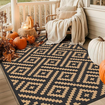 GENIMO Outdoor Rug for Patio Clearance,9'x12' Waterproof Large Mat,Reversible Plastic Camping Rugs,Rv,Porch,Deck,Camper,Balcony,Backyard (Black & Brown)