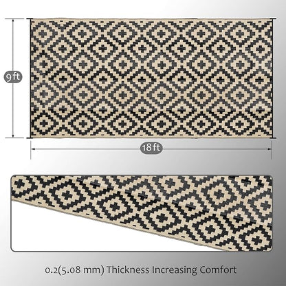 SAND MINE Waterproof Outdoor Rug 9x18 ft, Plastic Reversible Rug, Modern Area Rug, Large Floor Mat for Outdoors, RV, Patio, Backyard, Deck, Picnic, Beach, Camping, Black & Beige