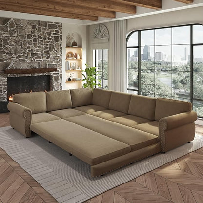 118" L-Shaped Sleeper Couch Bed - Oversize Convertible with Pull-Out Sofa Bed, Button Tufted Chesterfield Sofa, Chenille Sectional Vintage Couches for Living Room/Apartment(6-Seater, Camel) | Oversize Convertible