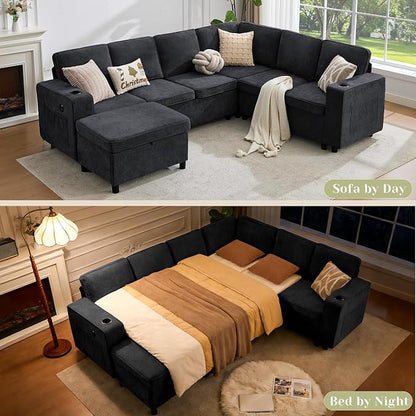 107 Inch Sectional Sleeper Sofa with Pull Out Bed, 7 Seat U Shaped Modular Sectional Sofa with Storage Ottoman, USB Port & 6 Pillows, Sectional Couches for Living Room & Apartment, Modular Couch,Black