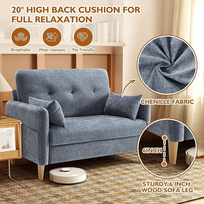 Urhanherry 47" Small Sofa Couch for Bedroom, Soft Chenille loveseat Mini Couch with Throw Pillow and Removable Cushion Cover for Small Spaces, Living Room, Apartment, Dorm, Office(Blue Grey)