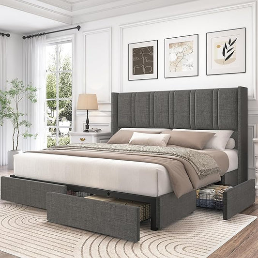 LARMACE Bed Frame Queen Size with Storage Drawers and Wingback Headboard, Linen Upholstered Platform Bed Frame with Wooden Slats, Easy Assembly, Light Grey