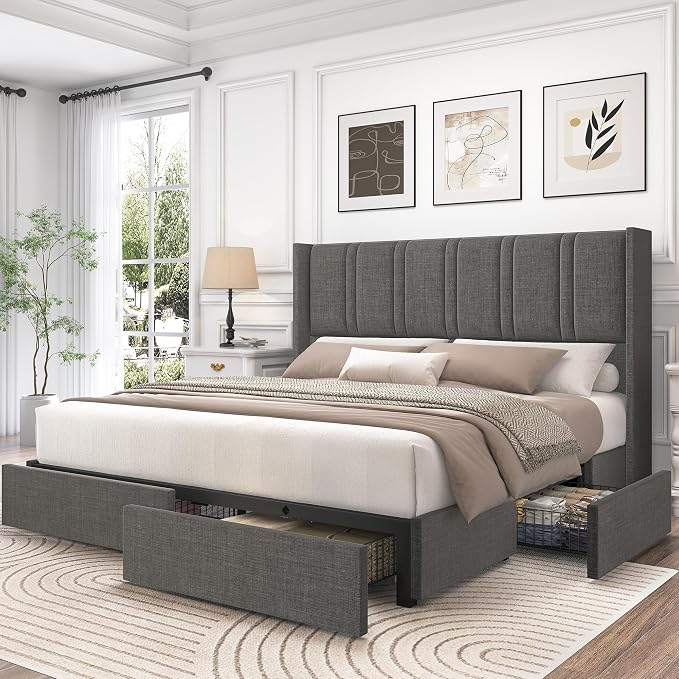 LARMACE King Size Bed Frame with Storage Drawers and Wingback Headboard, Linen Upholstered Platform Bed Frame with Wooden Slats, Easy Assembly, Light Grey