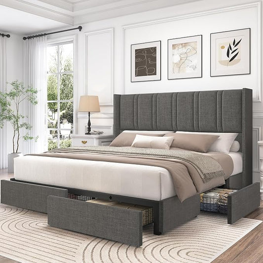 LARMACE King Size Bed Frame with Storage Drawers and Wingback Headboard, Linen Upholstered Platform Bed Frame with Wooden Slats, Easy Assembly, Light Grey