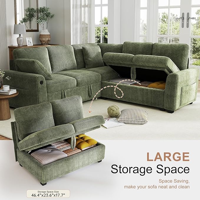 Hanherry Sectional Couch with Pull Out Sofa Bed,Corduroy Sleeper Sofa with 2 Seat Storage & USB Charging,Comfy L Shaped Modular Couches for Living Room,Apartment