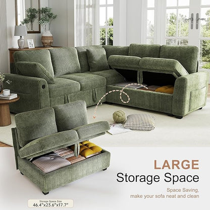 Hanherry Sectional Couch with Pull Out Sofa Bed,Corduroy Sleeper Sofa with 2 Seat Storage & USB Charging,Comfy L Shaped Modular Couches for Living Room,Apartment