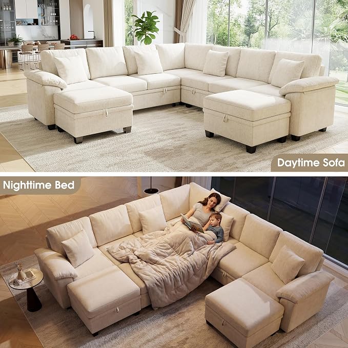 107.8" Oversized Modular Sectional Sofa with Pull Out Bed, 9 Seat U Shaped Sectional Sleeper Sofa with 291L Storage, Convertible Cloud Couch Bed, Sectional Couches for Living Room, Apartment (Beige)