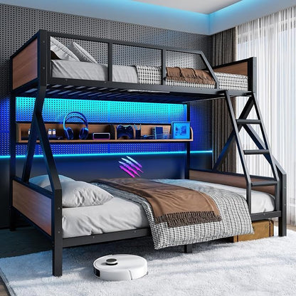 KEIKI Full Over Queen Bunk Bed, Heavy Duty Metal Bunkbed with Storage Shelves, Lights, Bottom Space & Guardrail for Aldults Dorm Bedroom Guest Room, No Box Spring Needed, Noise-Free Design