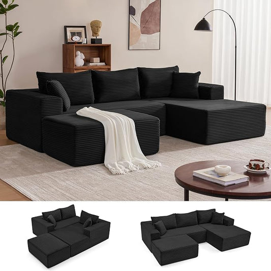 Mangodan 110” Cloud Sectional Couch, Boneless Sofa for Living Room, Modular Sectional Sofa with Deep Seat, Comfy Fluffy U-Shaped Couch with Right-Facing Chaise, No Assembly Required, Black